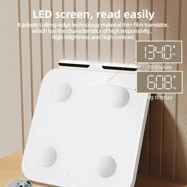 White professional body fat scale with 8 electrodes and a large tempered glass platform.
