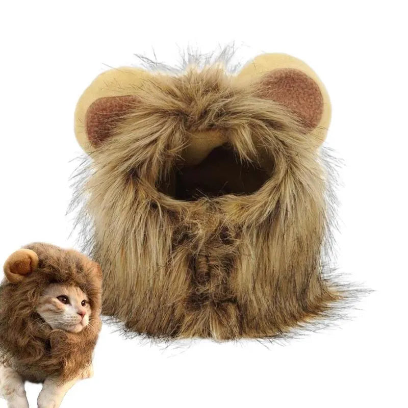 Lion mane wig accessory on cat with adjustable elastic band and fluffy artificial hair