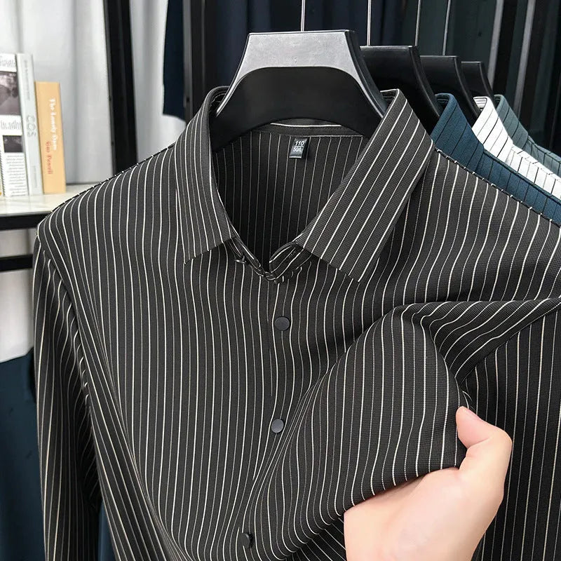 Men's vertical striped cardigan shirt in recycled fibre blend with long sleeves, available in multiple colours