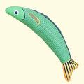 Saury fish shaped cat toy with organic catnip filling and crinkle sounds in green colour