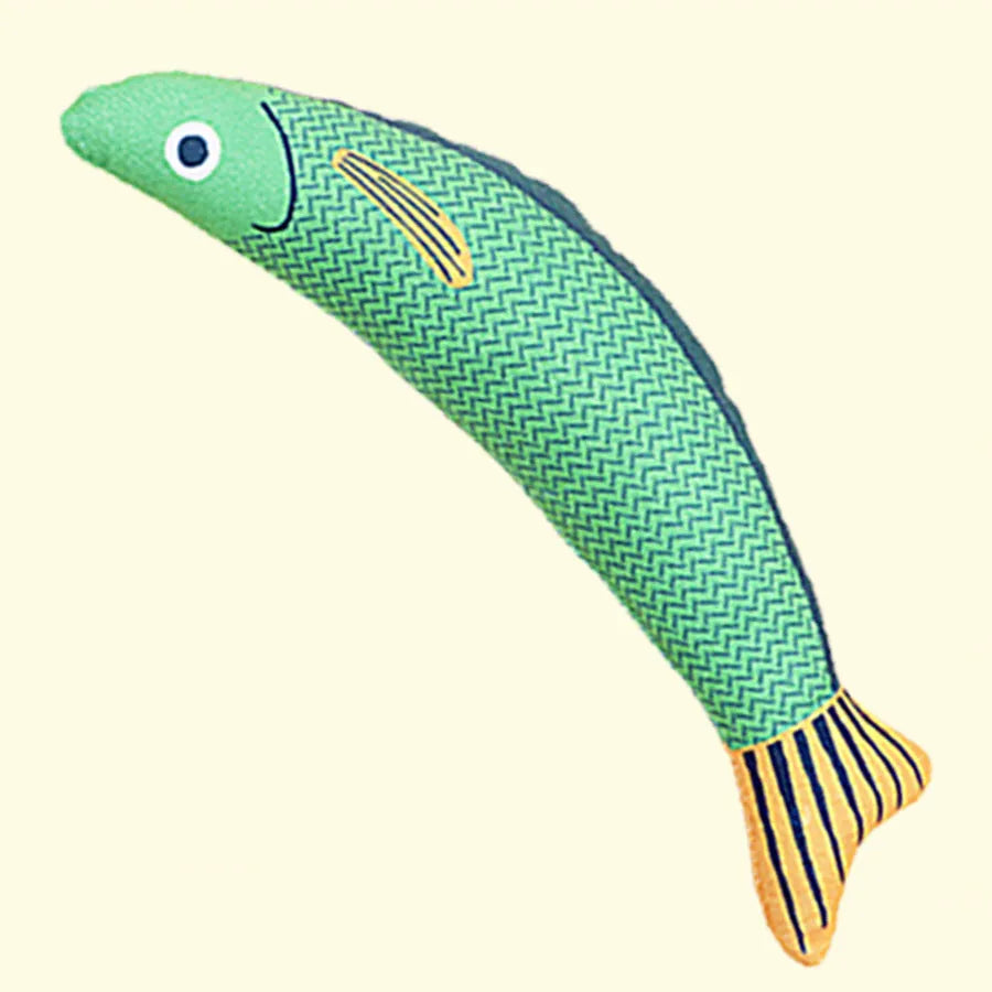 Saury fish shaped cat toy with organic catnip filling and crinkle sounds in green colour