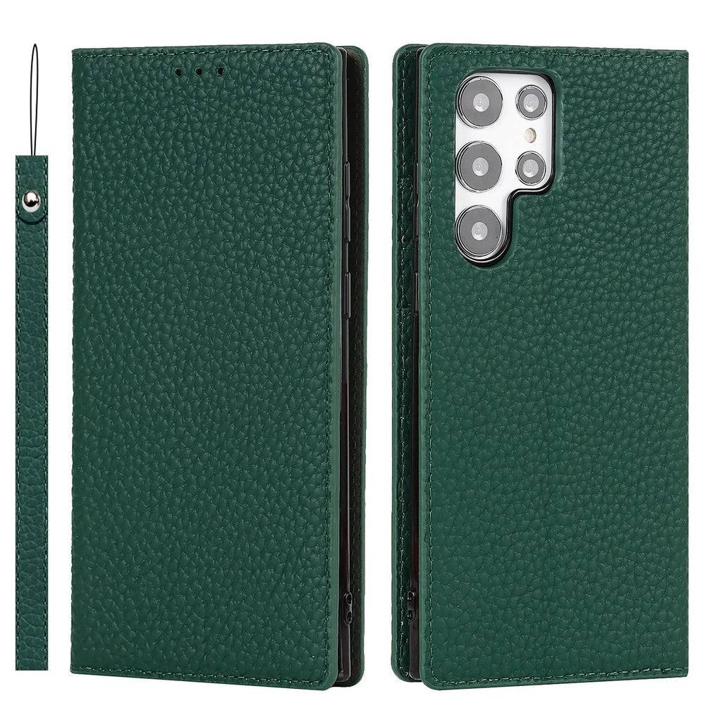Genuine leather litchi texture phone case for Samsung Galaxy S24 Ultra in black with textured grip surface