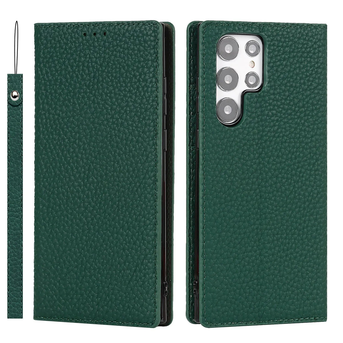 Genuine leather litchi texture phone case for Samsung Galaxy S24 Ultra in black with textured grip surface