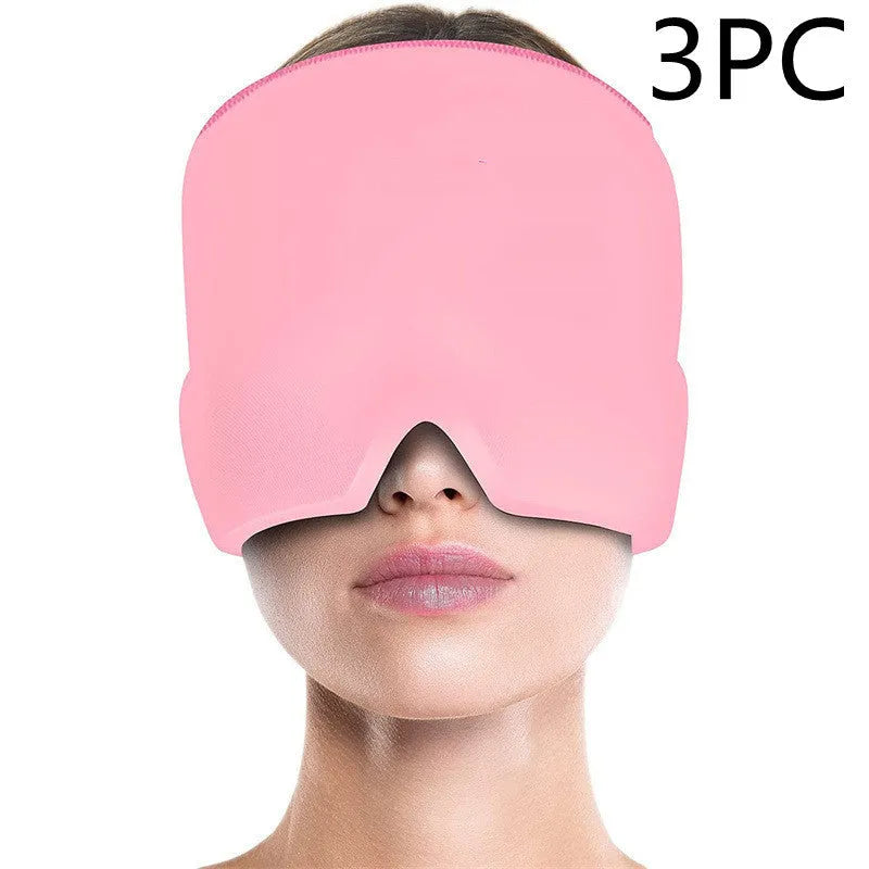 Black elastic ice gel headache relief eye mask shown on a mannequin head, adjustable for 42-66cm circumference.