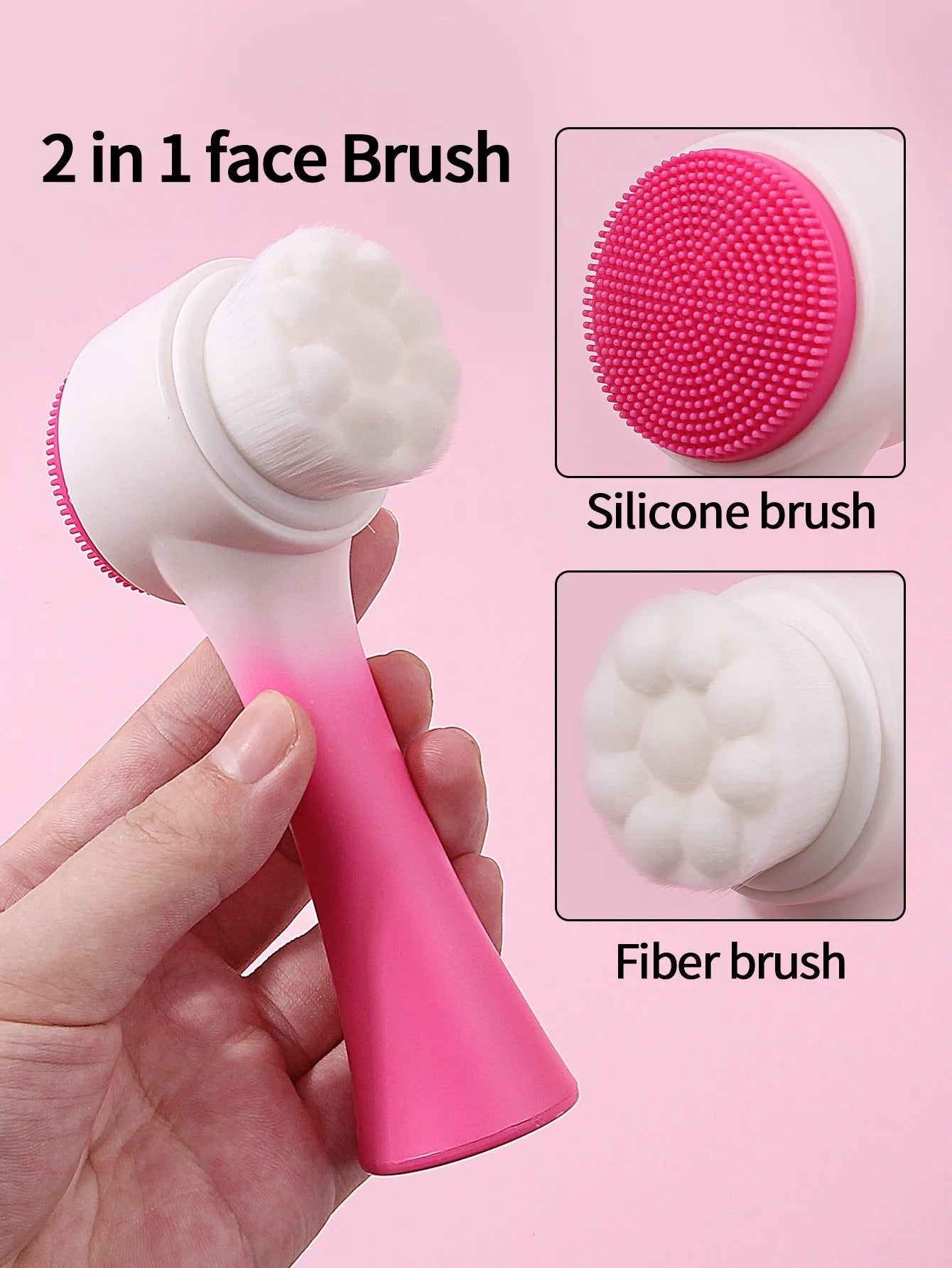 Facial brush set with coral fleece hair band and four nylon brush heads in purple grey white pink colours