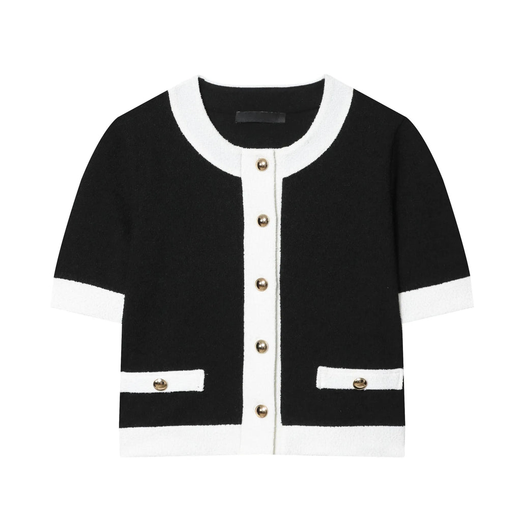 Women's polyester two-piece suit with beaded leather detail on top and high-waisted trousers
