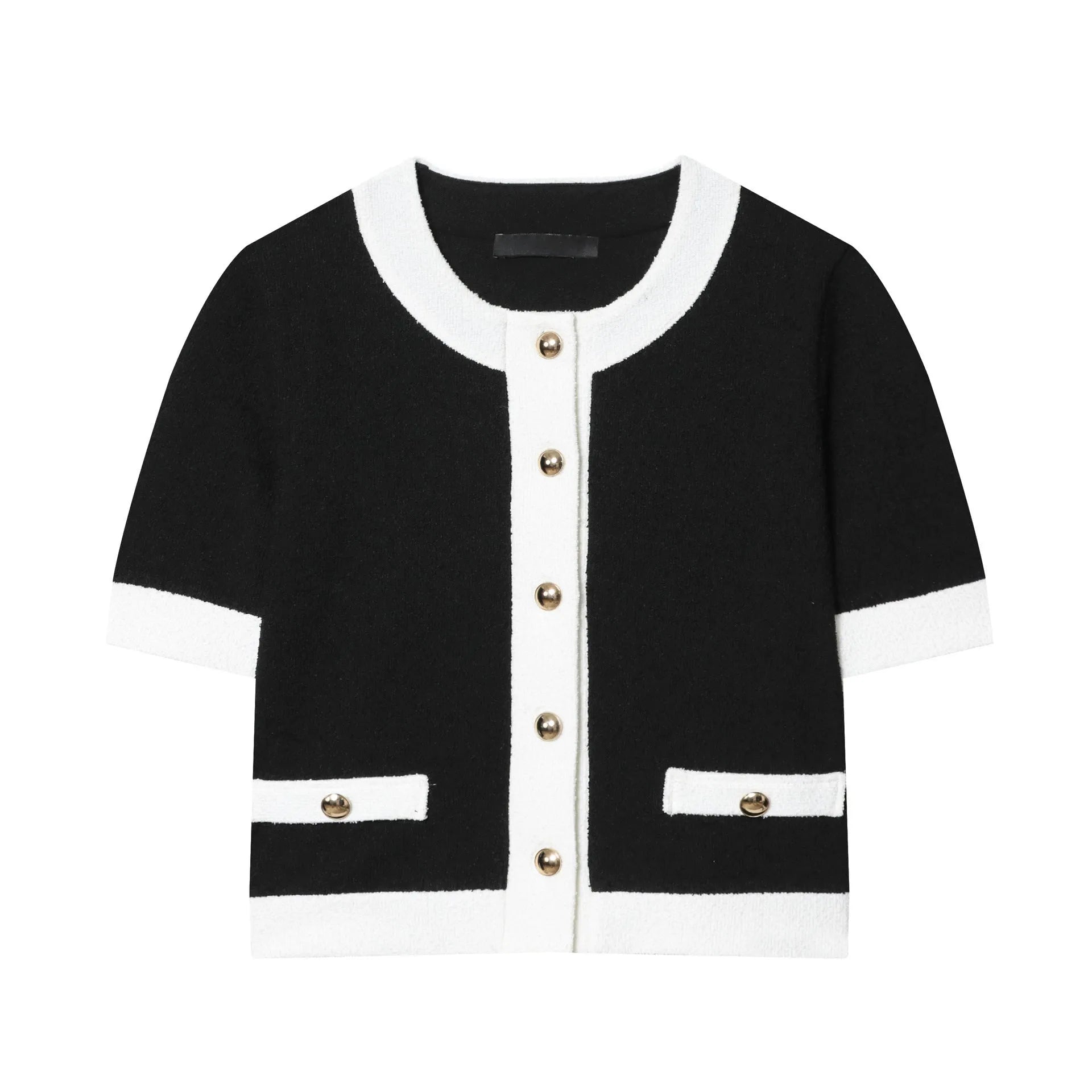 Women's polyester two-piece suit with beaded leather detail on top and high-waisted trousers