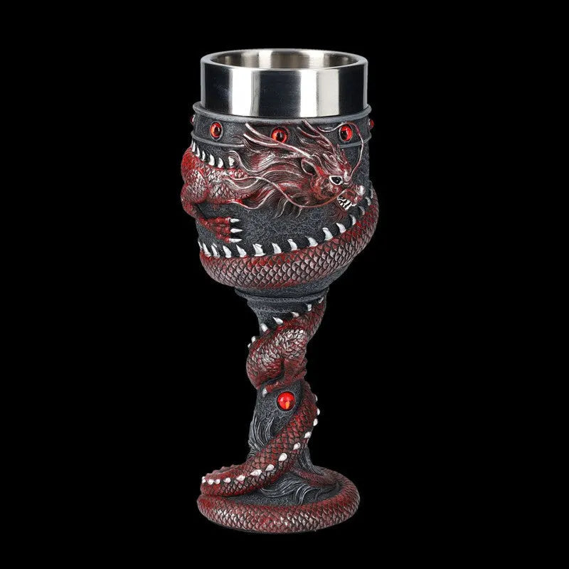 Red wine glass with 3D Chinese dragon stainless steel design in gold colour, 200ml capacity