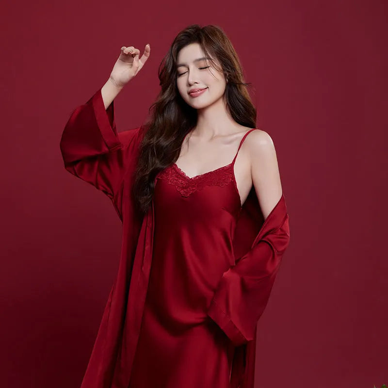 Red men's and women's matching sleepwear set with long sleeves and trousers for wedding and home wear