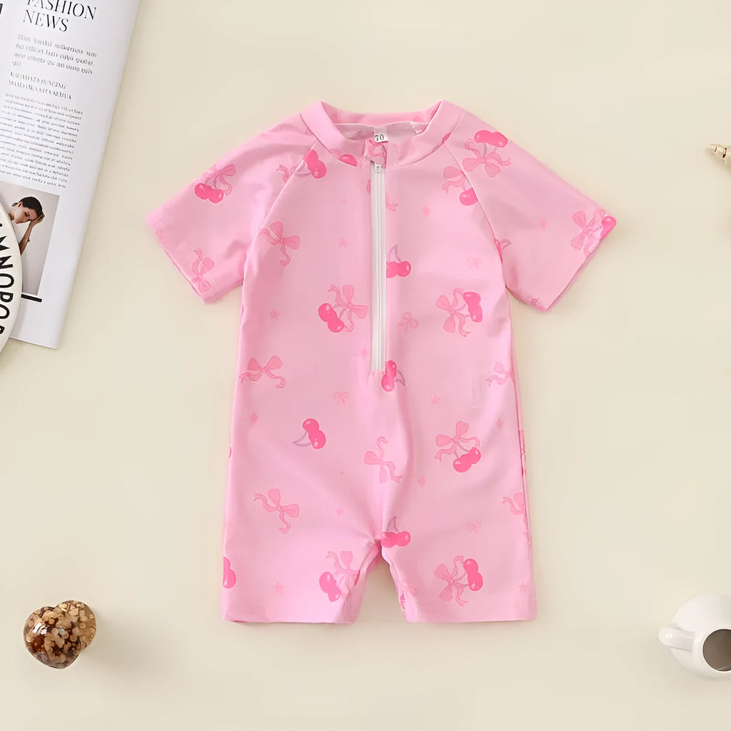 Bowknot girls' one-piece swimsuit in polyester with full cherry flower print for babies