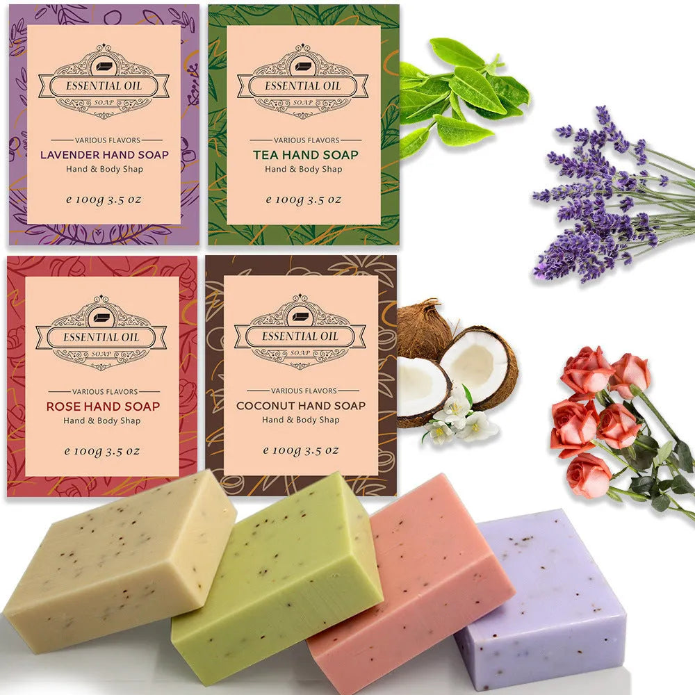 Handmade frosted essential oil soap bar on a bathroom surface, showing its textured finish.