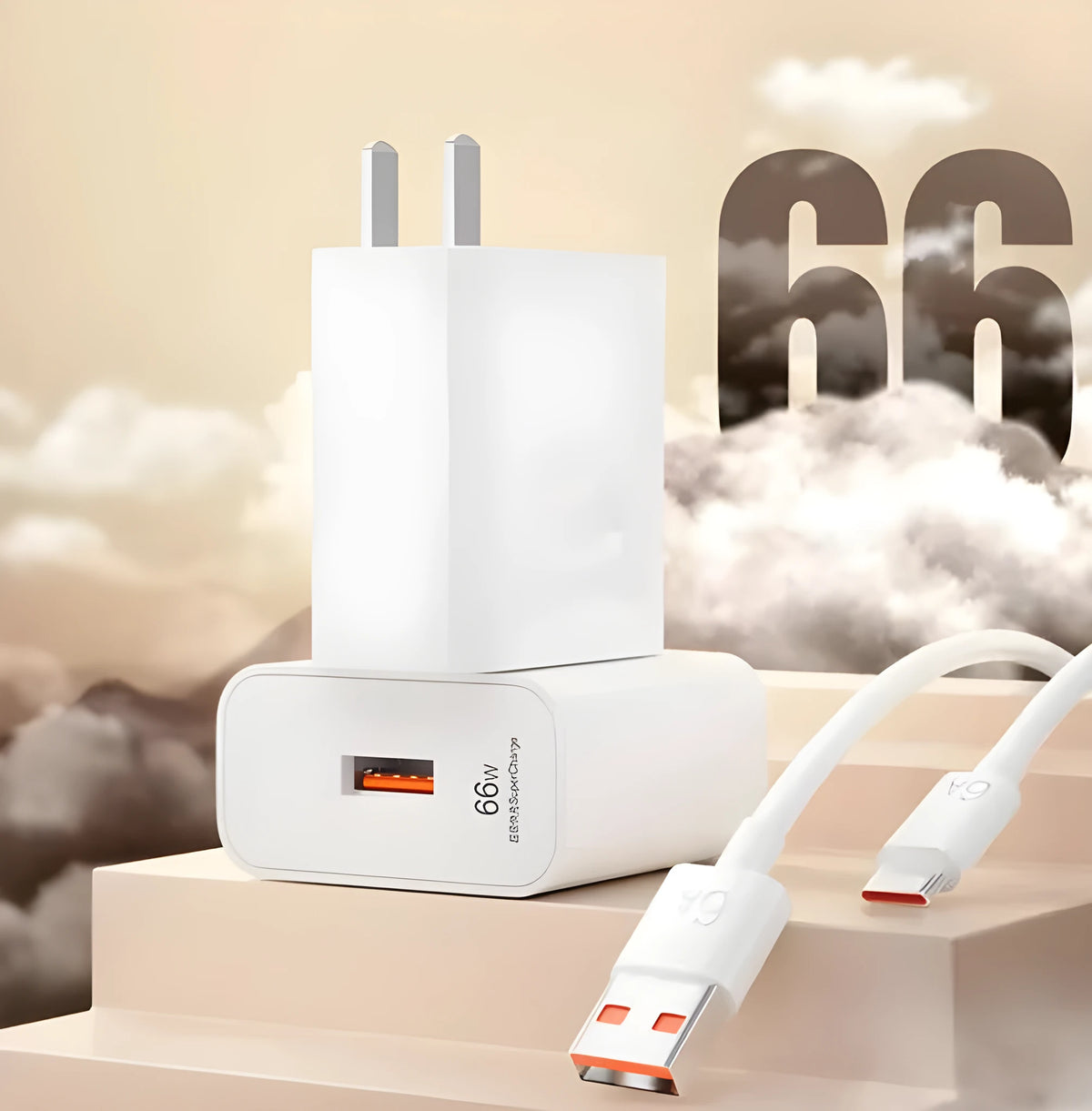 White USB Type-C super fast charger with 66W 120W output and Type-C cable for phones