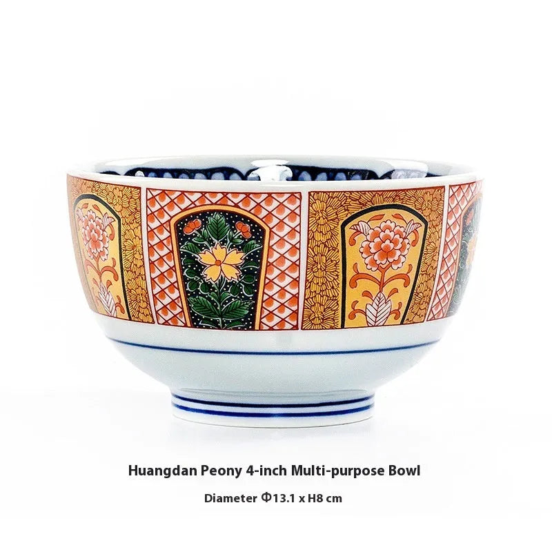 Japanese retro ceramic 4-inch bowl with peony pattern and underglaze finish