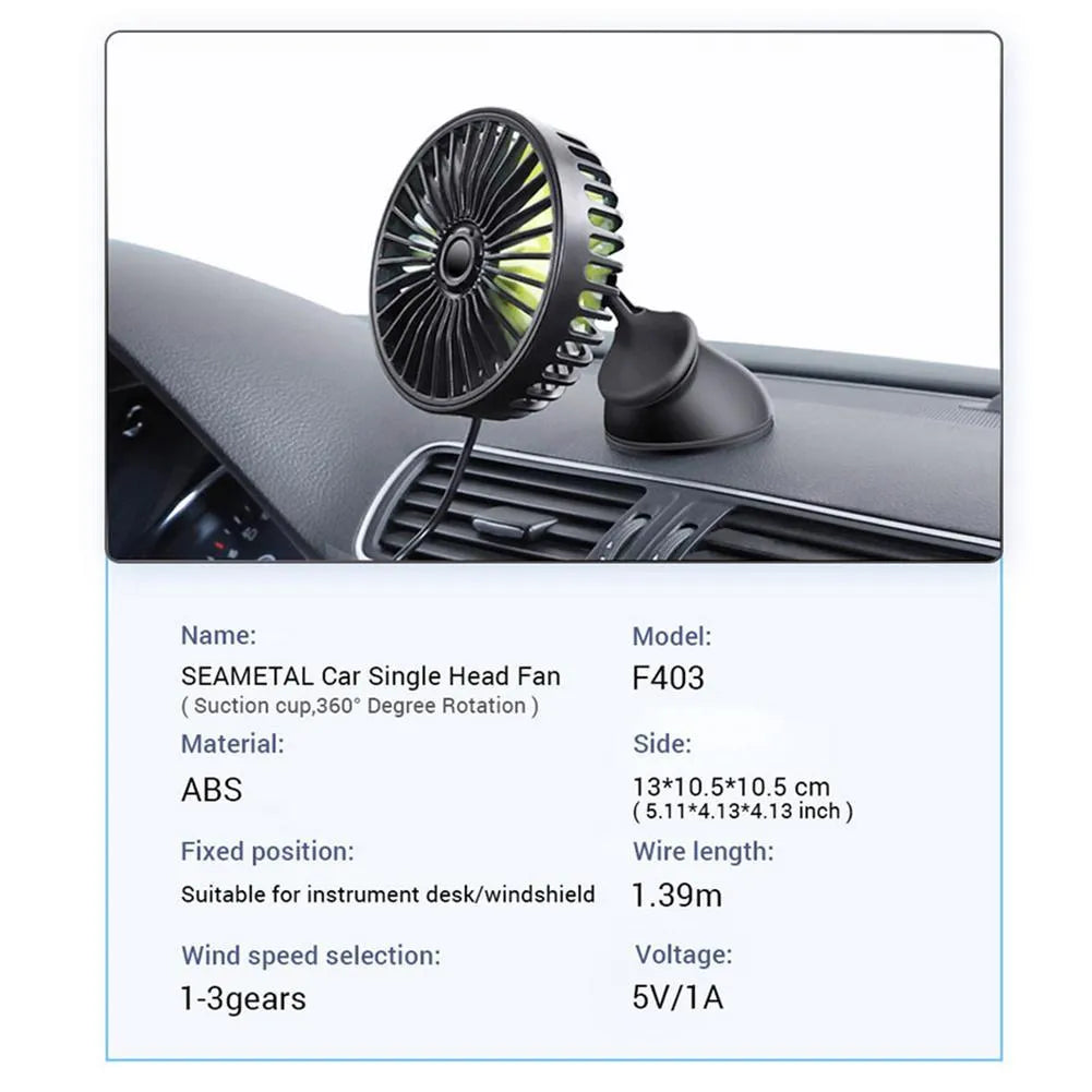 Black car mini electric fan with suction cup mounted on dashboard, 360 degree rotation, USB powered