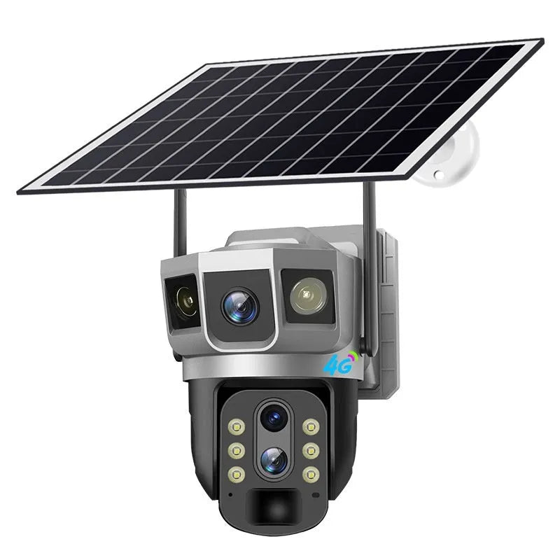 V380 outdoor security camera with solar panel showing 10x zoom capability and 4G connectivity