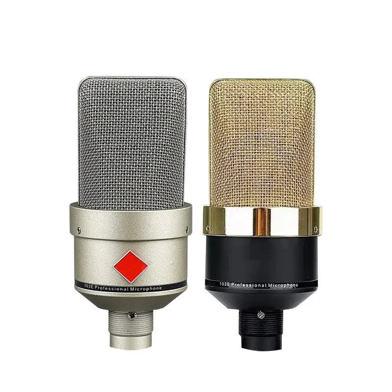 Wired condenser microphone with cardioid pattern and integrated stand in champagne gold or black gold colour