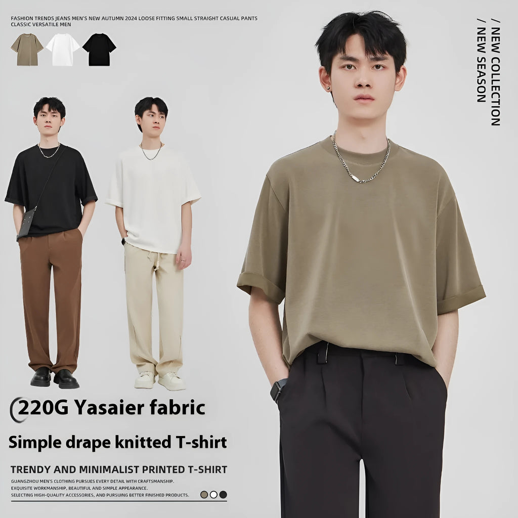 Men's drape knit T-shirt loose casual short sleeve solid colour polyester blend black