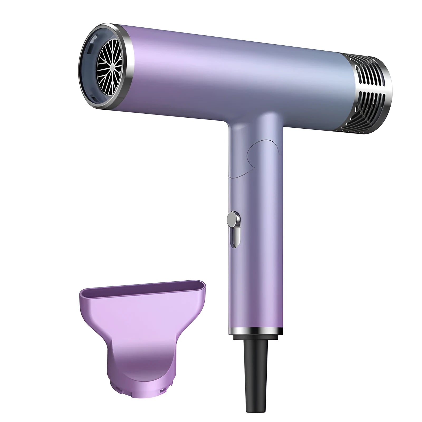 Green foldable hair dryer with collapsed handle next to suitcase showing its compact travel size