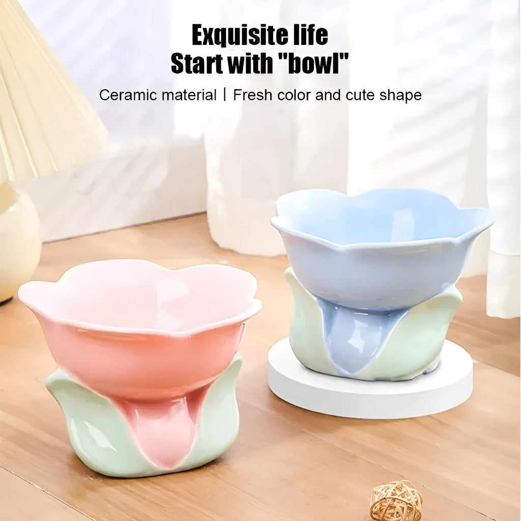 Blue floral patterned ceramic raised pet bowl with non-slip base for cats and small dogs