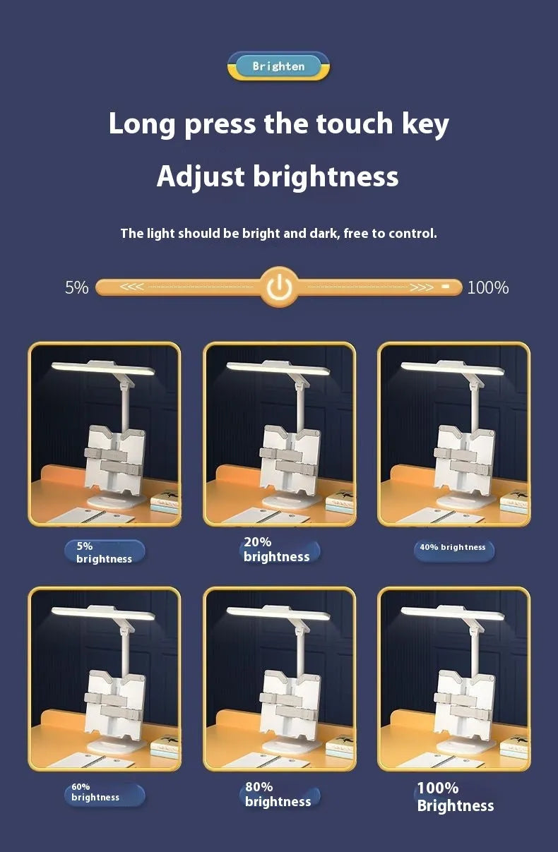 Adjustable desk lamp with reading light showing three temperature settings and dual power options