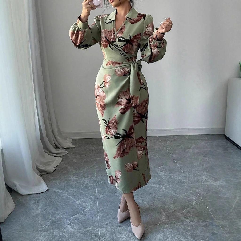 Army green long sleeve printed tie dress with belt, mid-rise waist and pencil style, sizes S to XL