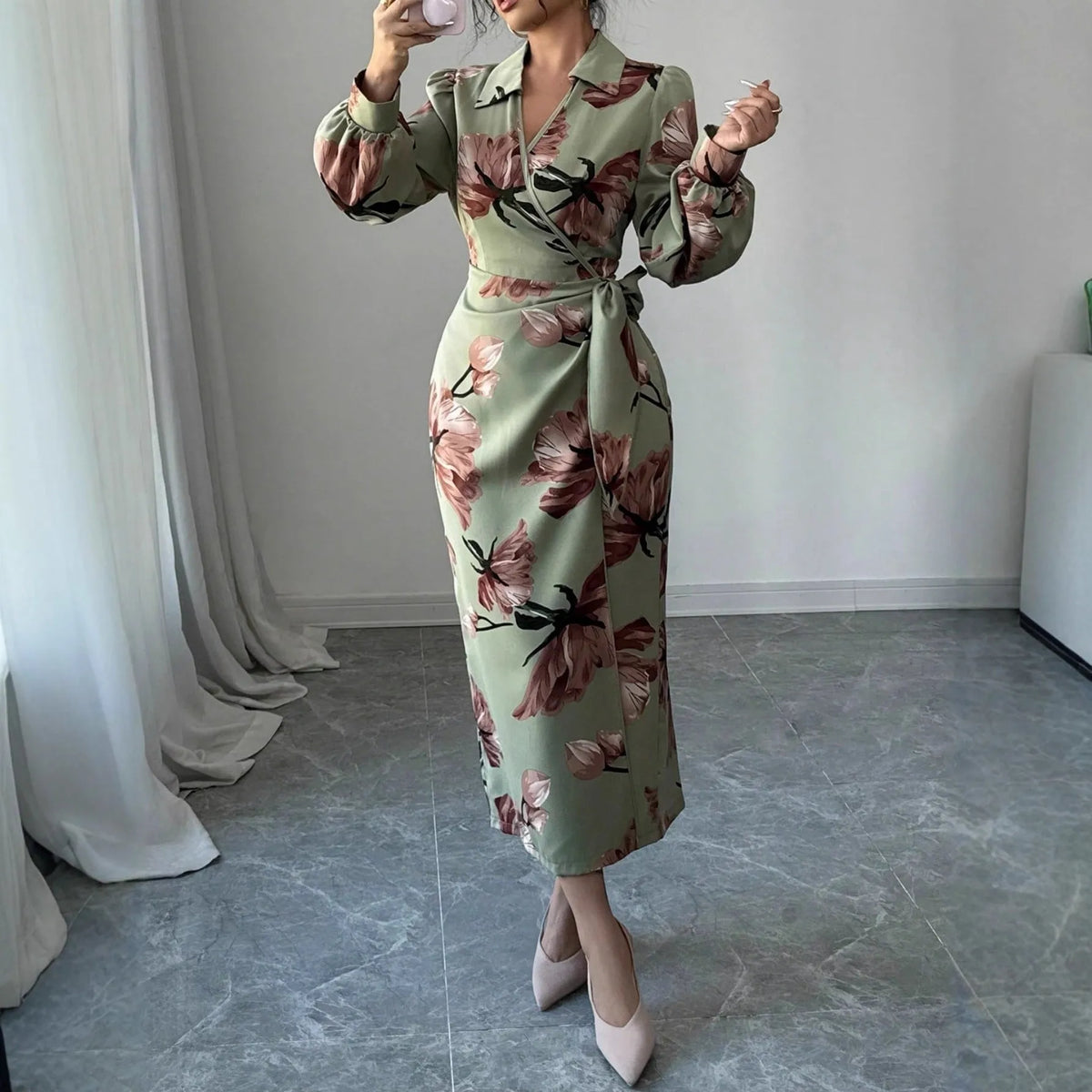 Army green long sleeve printed tie dress with belt, mid-rise waist and pencil style, sizes S to XL