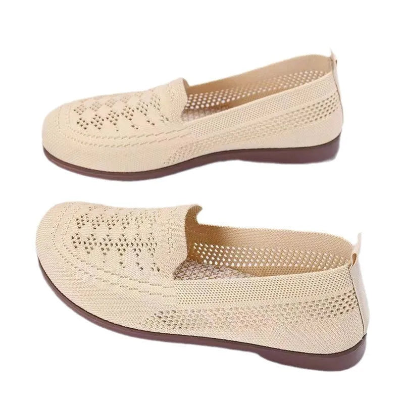 Women's beige antiskid casual shoes with Flyknit mesh upper and PVC sole for elderly wearers
