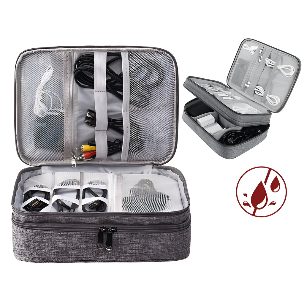 Grey waterproof double-layer travel cable organizer bag with portable handle and multiple pockets