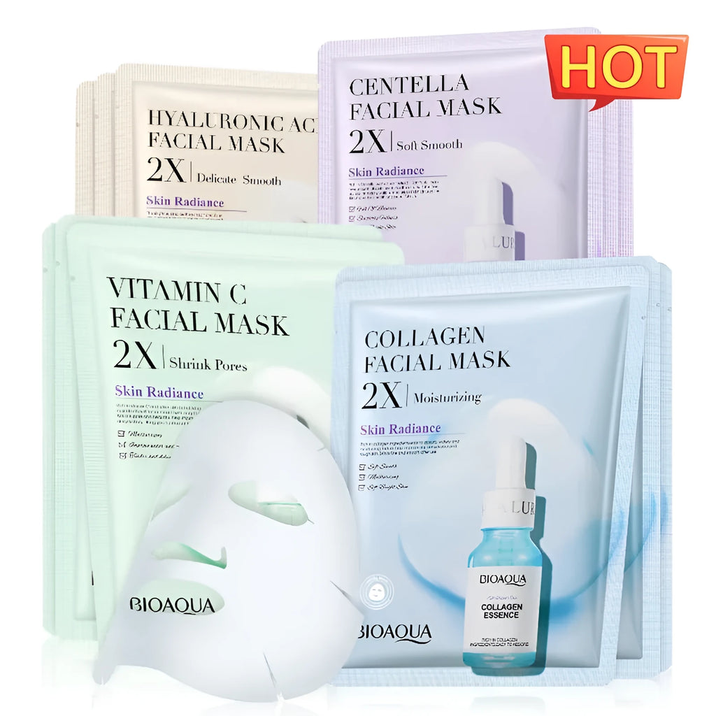 Single-use 30g gel facial sheet mask with hyaluronic acid and collagen.