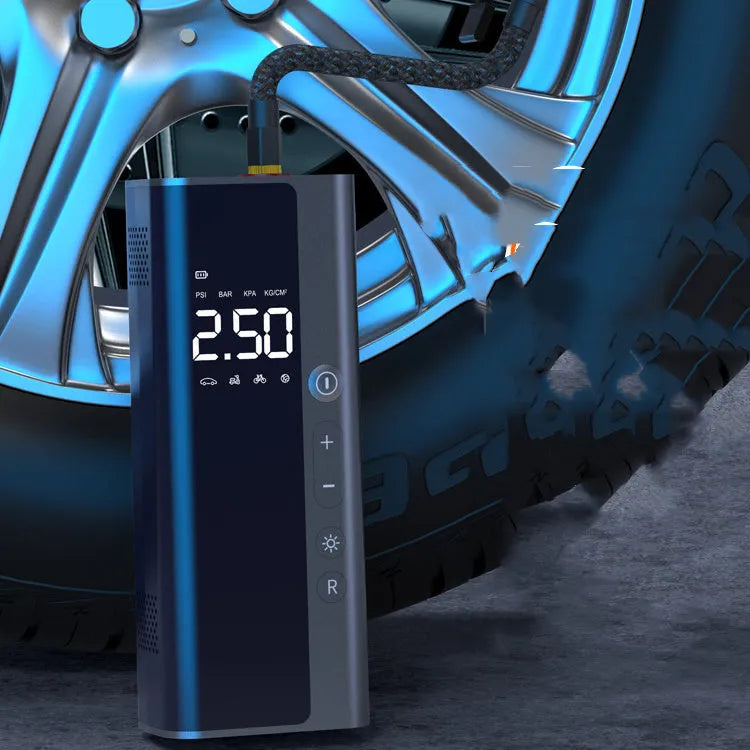 Portable wireless car air pump 165x65x45mm with digital display, 60W motor, and USB charging cable