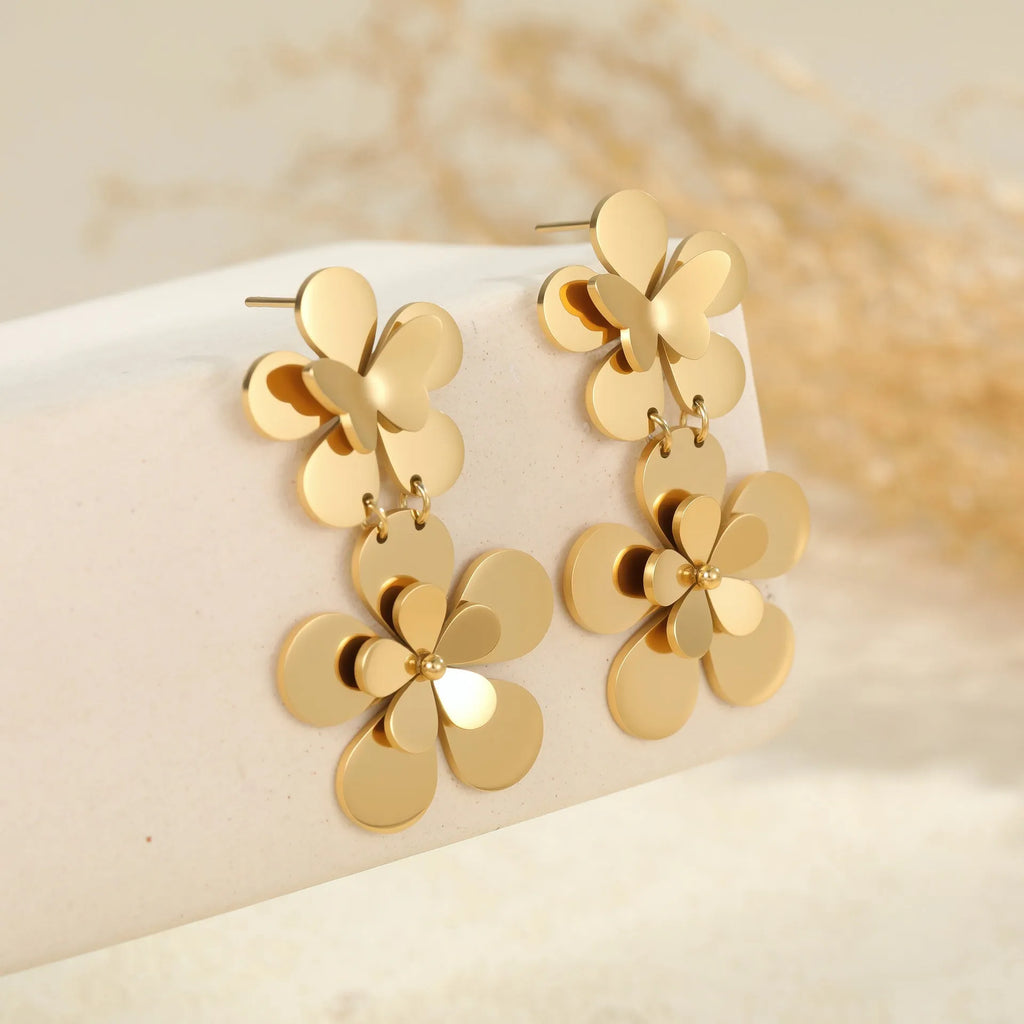 Gold electroplated stainless steel earrings with floral butterfly design for women