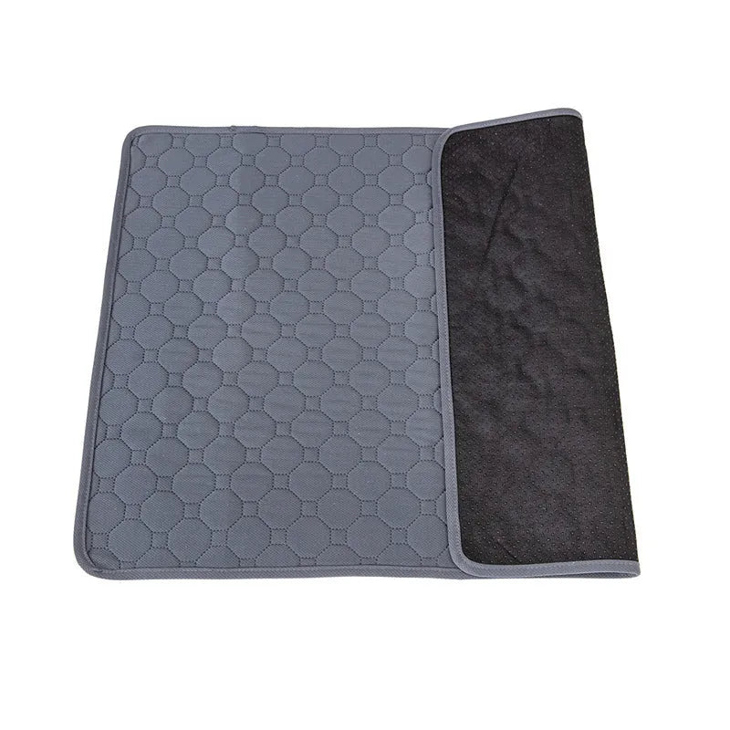 Pet Parents washable dog pee pad in a neutral grey colour, shown folded and unfolded.