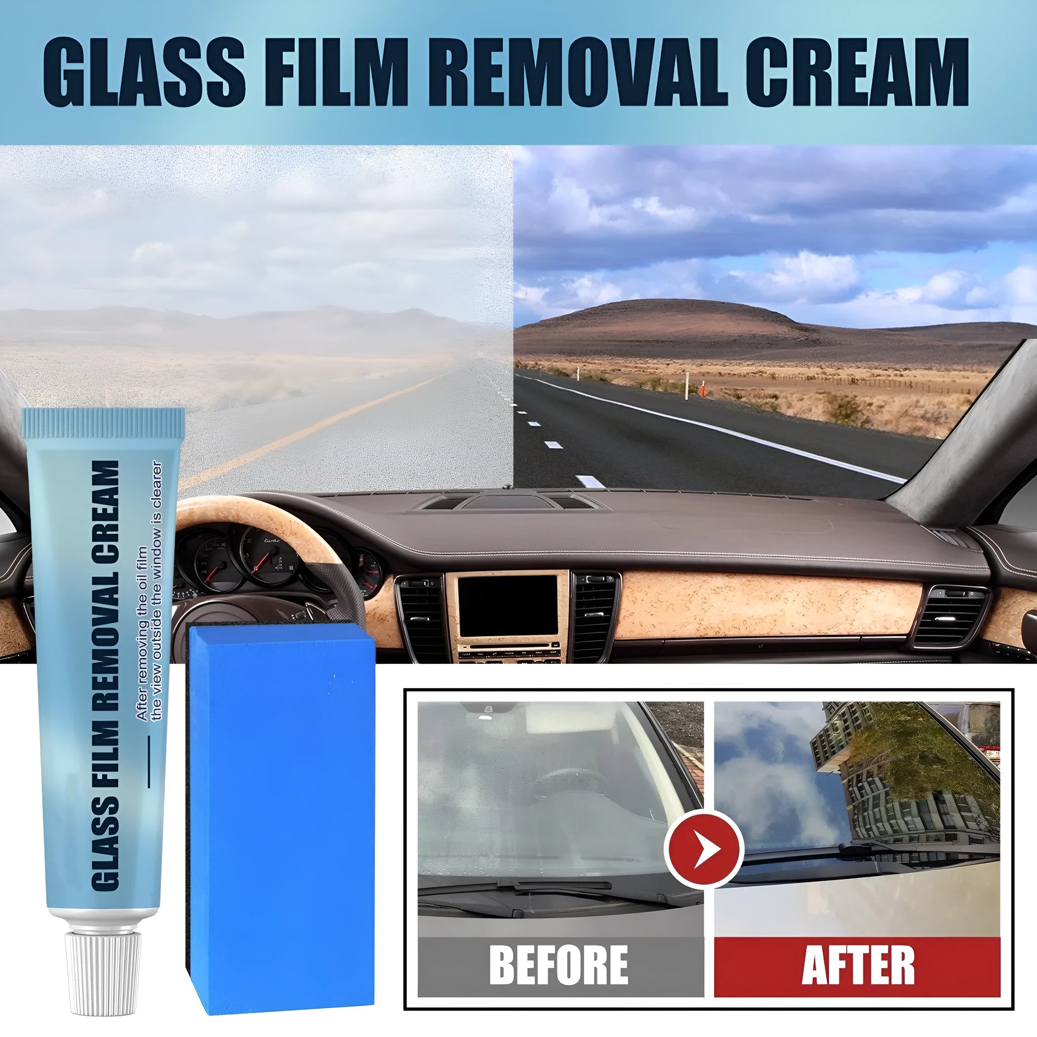 Blue container of car glass oil film remover paste and a soft sponge applicator on a car windshield.