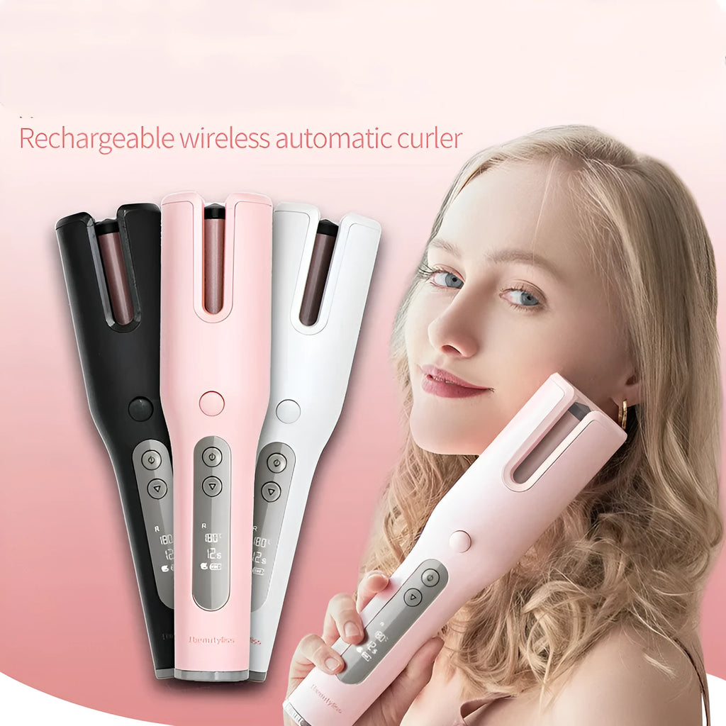 Wireless automatic hair curler with LCD screen, ceramic heating tube and 4800mAh battery, shown in pink