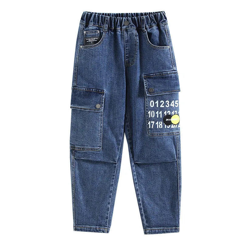 Boys printed blue cotton mid-waist girdled jeans with rubber band belt on white background