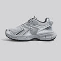 Low-top grey platform casual sneakers with leather stitching on a PU mesh upper and a flat EVA sole.