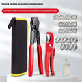 Red cloth bag containing a metal PEX clamp tool and a carbon steel cutting blade.