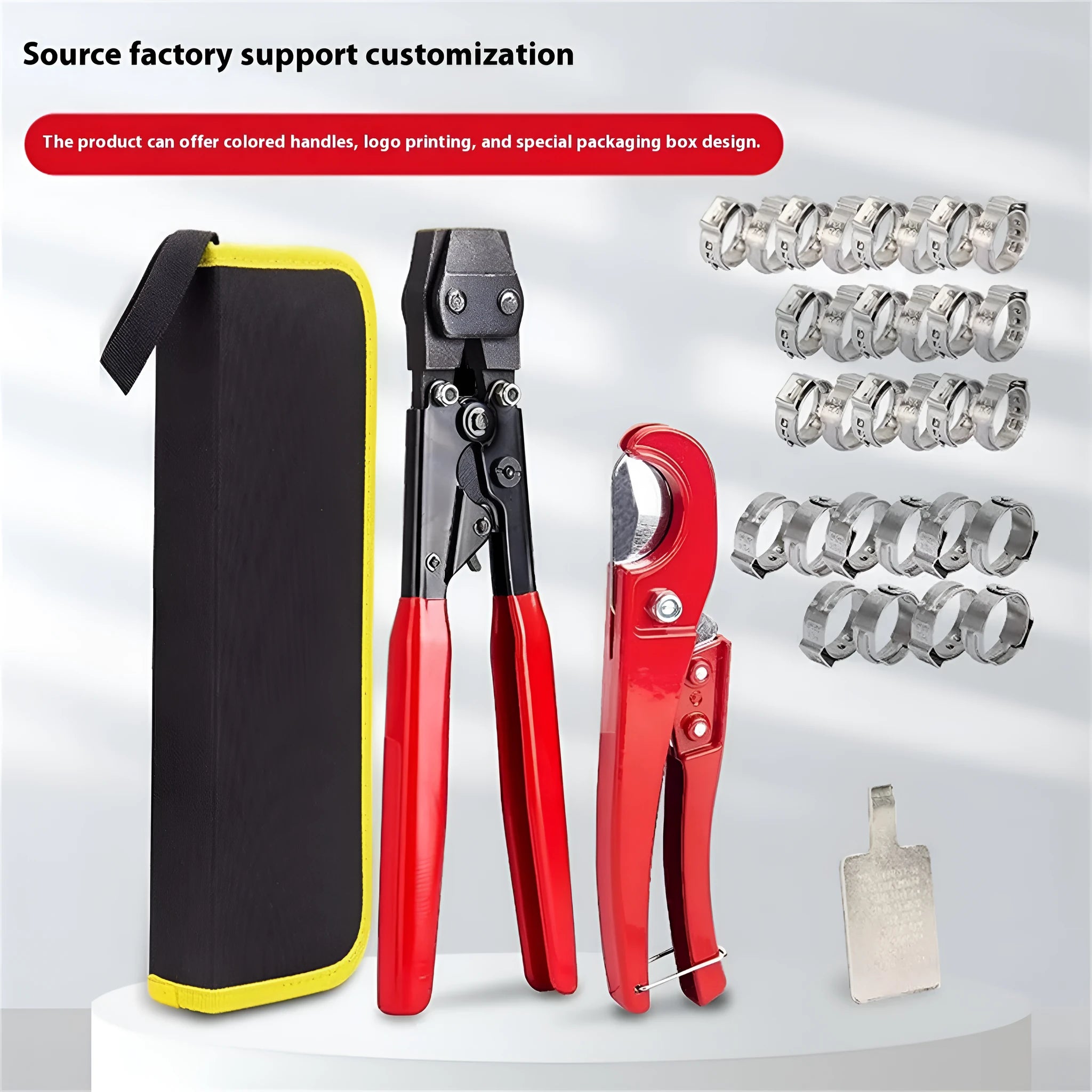Red cloth bag containing a metal PEX clamp tool and a carbon steel cutting blade.