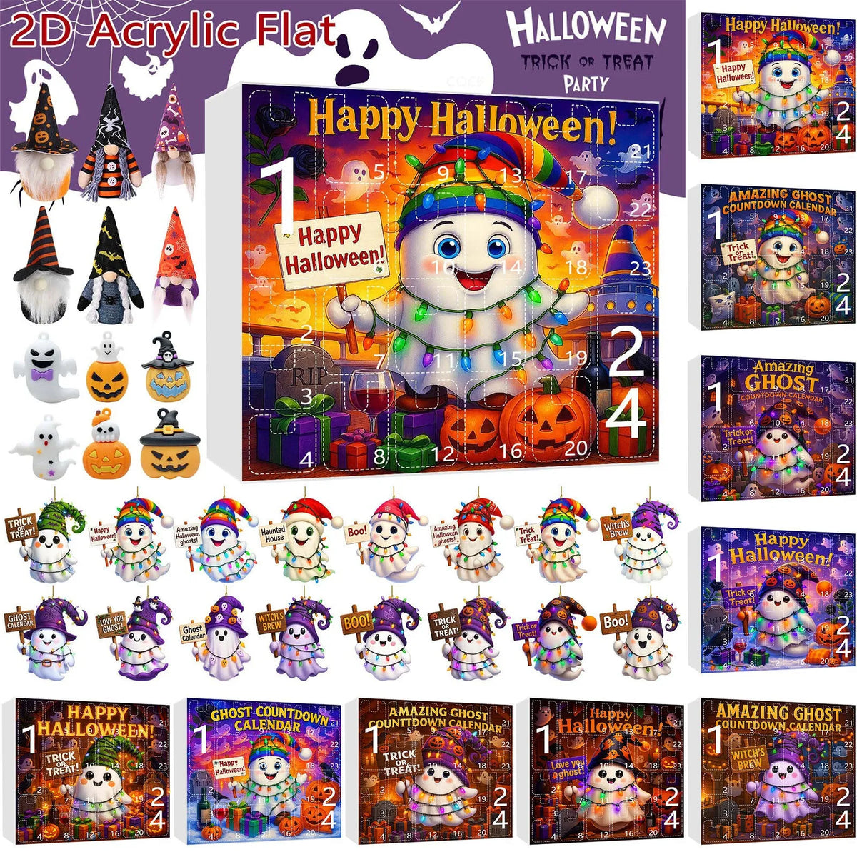 Ghost pumpkin doll blind box set with 16 pendants, 6 PVC figurines, and 2 plush dolls for Halloween and Christmas tree dress up