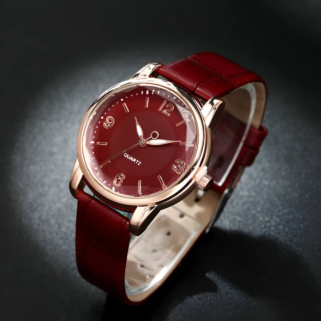 Women's two-tone dial belt quartz watch with alloy dial and imitation leather strap