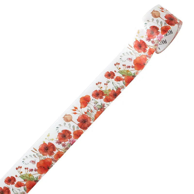 Japanese washi paper decorative adhesive tape roll with vintage floral watercolour design, showing 2 metre length and width options