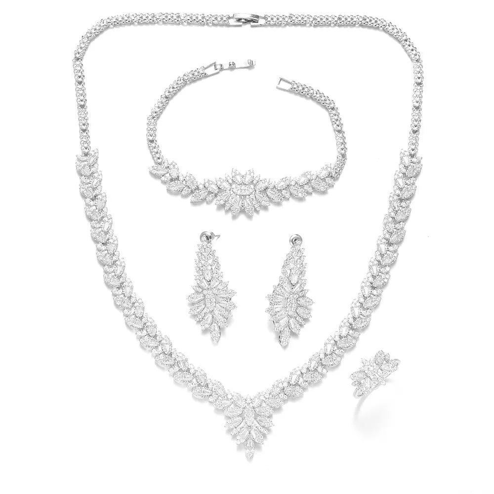 White copper bridal jewellery set with tassel earrings, necklace, bracelet, ring and snake bone chain