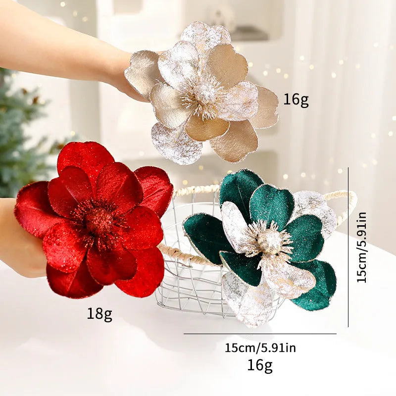 Set of three 15cm flannel Christmas flower ornaments in Champagne Gold, Dark Green, and Wine Red for tree decoration