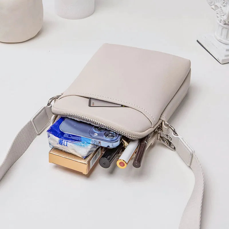 Solid colour PU mobile phone crossbody bag shown in black, beige, khaki, and green.