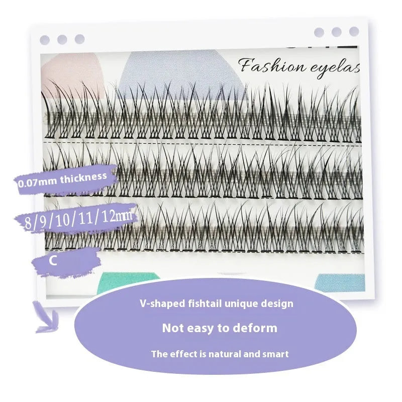 Black v-shaped fairy fishtail false eyelashes with thick segments on a white background.