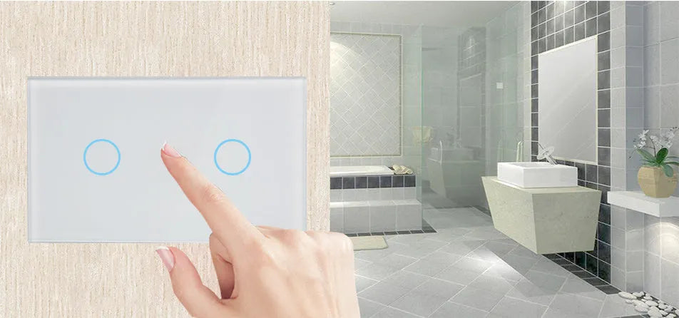 Two-gang remote control light switch with tempered glass touch panel in white, black, or gold colours