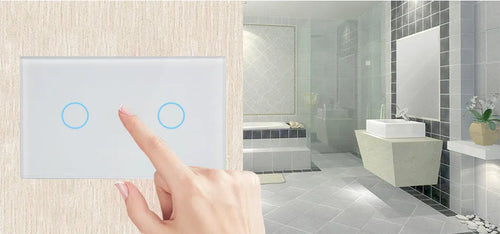White 2-gang RF touch light switch with tempered glass panel and blue LED indicator.