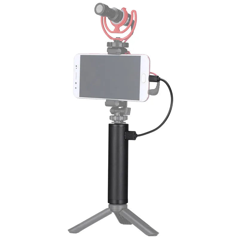 Black aluminium alloy portable power bank with a carry handle, showing its compact size.