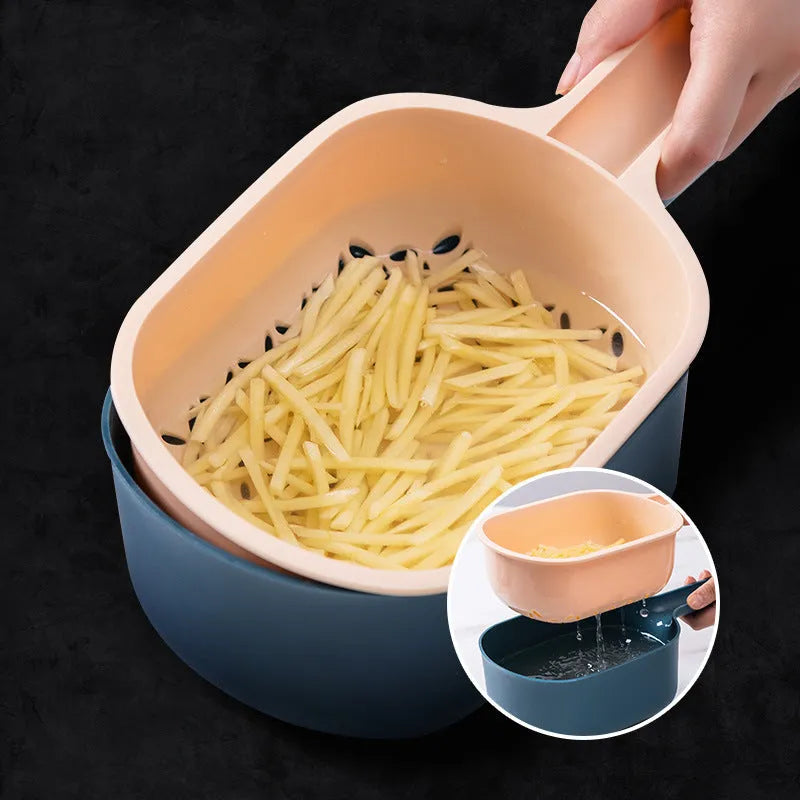 Vegetable cutter with four blades, hand protection, drain basket and bottom basin in dark blue, pink, white or light blue