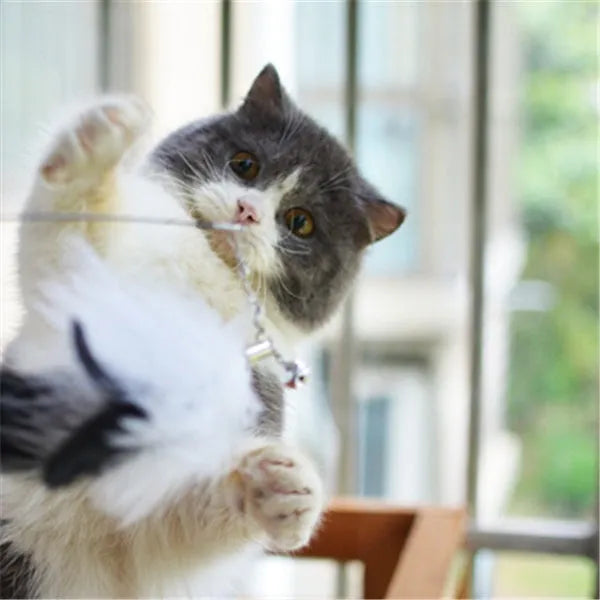 Funny cat stick with 14cm wooden handle, 66cm flexible rod, 80cm total length, fur head, feather and bell
